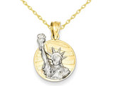Lady Liberty on American Flag Disk Pendant Necklace in 14K Yellow and White Gold